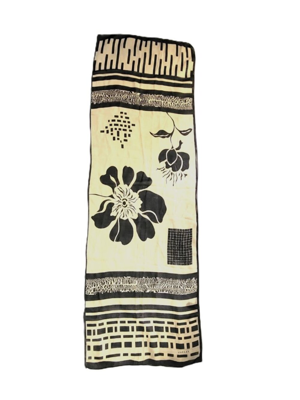 Vintage JAEGER London Silk Scarf Floral Geometric Graphic Print Cream Black Long